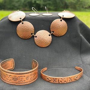 Copper bracelets and copper finish necklace and earrings